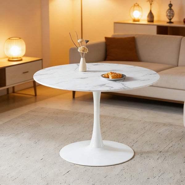 English Elm 42.1" Round Marble Look Pedestal Dining Table Mid Century Modern Seats Six White W234P453955