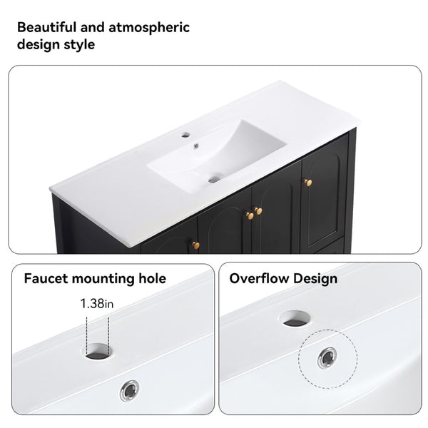 English Elm 48" Matte Black Bathroom Vanity with Ceramic Sink Soft Close Doors and Drawers W3133S00011