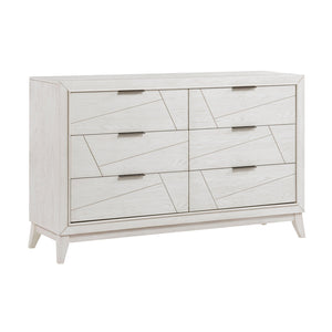English Elm Antique Asteria Six-Drawer Dresser with Oak Veneer, Black Metal Bar Handles and Modern Geometric Flair Antique White 65 L x 21.5 W x 39.25 H B011P286904