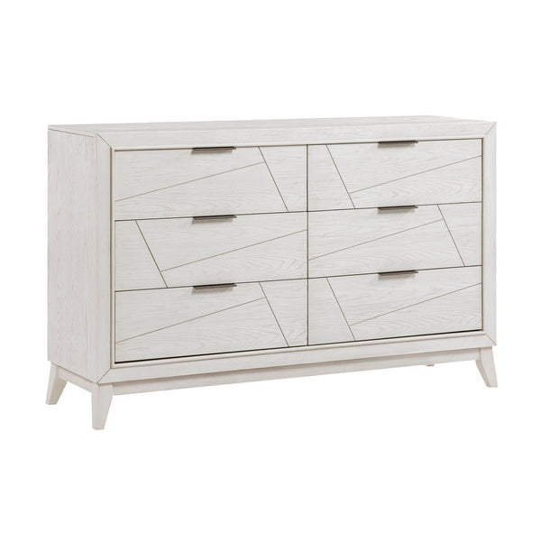 English Elm Antique Asteria Six-Drawer Dresser with Oak Veneer, Black Metal Bar Handles and Modern Geometric Flair Antique White 65 L x 21.5 W x 39.25 H B011P286904
