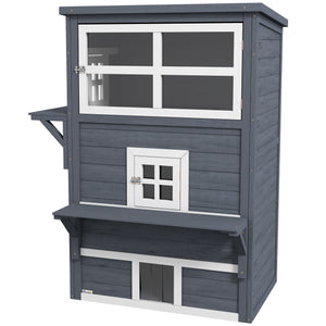 English Elm PawHut Outdoor 3-Story Cat House with Raised Floor, Asphalt Roof, Escape Doors & Play Platforms Dark Gray W2225P229411