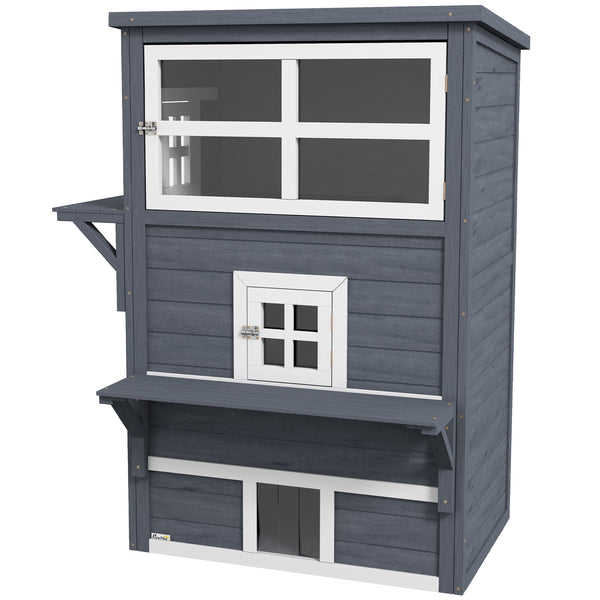 English Elm PawHut Outdoor 3-Story Cat House with Raised Floor, Asphalt Roof, Escape Doors & Play Platforms Dark Gray W2225P229411