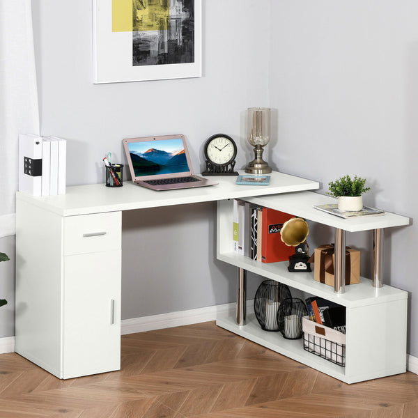English Elm HOMCOM Space-Saving Rotating L-Shaped Computer Desk 55" with Shelves, Cabinet & Drawer, White W2225P217266