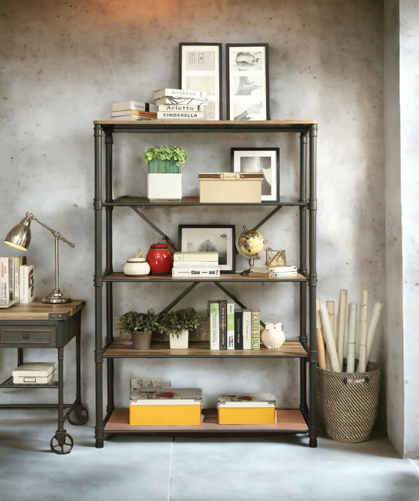 English Elm Itzel Industrial Steel Frame Bookshelf with Warm Oak Veneer Shelves for Home Office B2726P256219