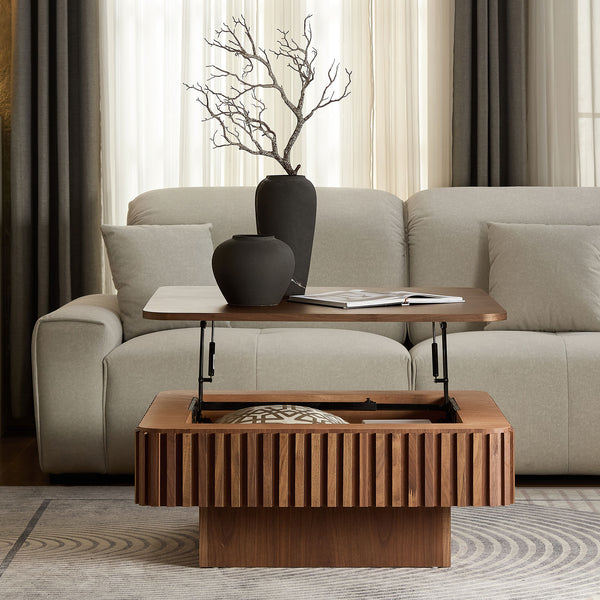 English Elm 35.43 Inch Modern Handcraft Drum Coffee Table Square Lift-Top with Hidden Storage & Wood Grain Finish Walnut W2582P340812