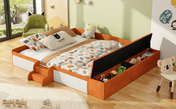 English Elm King Velvet Kids Platform Bed with Padded Guardrails Staircase and Storage Ottoman Brown+White SF000204AAD