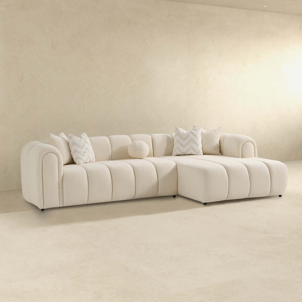 English Elm Ashcroft Furniture - Beatrice Ivory Boucle Right Sectional Sofa — Mid-Century Tufted Design, 4 Toss Pillows, Semi-Firm Foam Comfort B183S00091