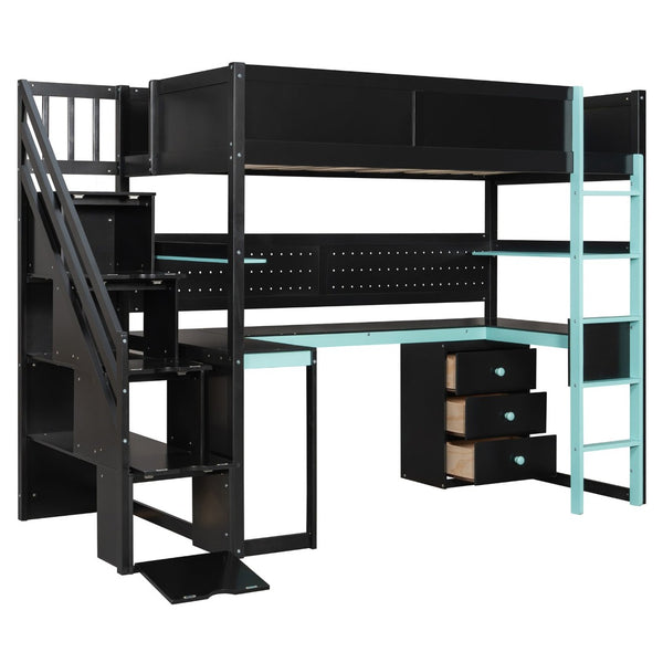 English Elm Full Size Gaming Loft Bed with Led Lighting Desk Shelves and Usb Charging Ports N820S00070C