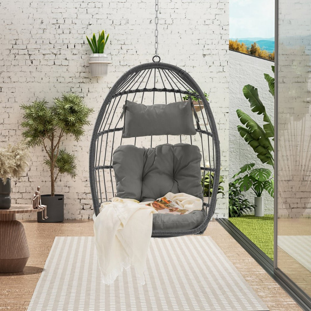 English Elm Outdoor Handwoven Pe Rattan Egg Swing Chair with Steel Frame and Waterproof Cushion W874127488