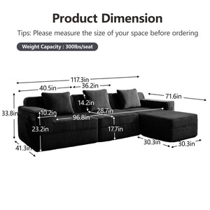 English Elm Modular 3-Seat L-Shape Sectional Couch - Plush Black Corduroy Sofa With Removable Pillows & Ottoman W3041S00325