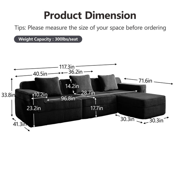 English Elm Modular 3-Seat L-Shape Sectional Couch - Plush Black Corduroy Sofa With Removable Pillows & Ottoman W3041S00325
