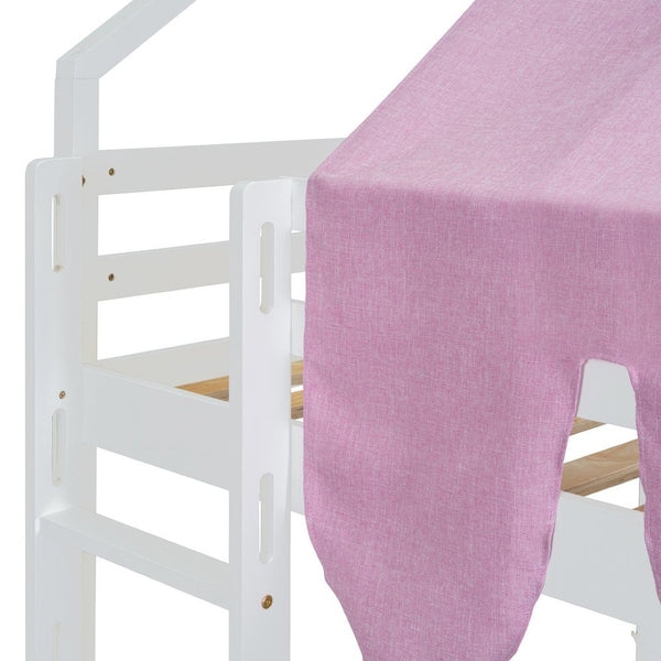English Elm Full Size Kids House Loft Bed Pinewood Frame with Tent Slide and Play Storage White LT000683AAK