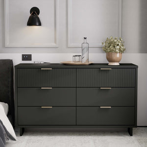 English Elm Granville 55" Dresser In Charcoal Gray - Chic 6-Drawer Storage With Ribbed Fronts & Gold Handles B365S00090