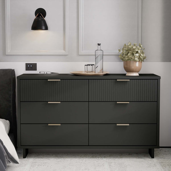 English Elm Granville 55" Dresser In Charcoal Gray - Chic 6-Drawer Storage With Ribbed Fronts & Gold Handles B365S00090