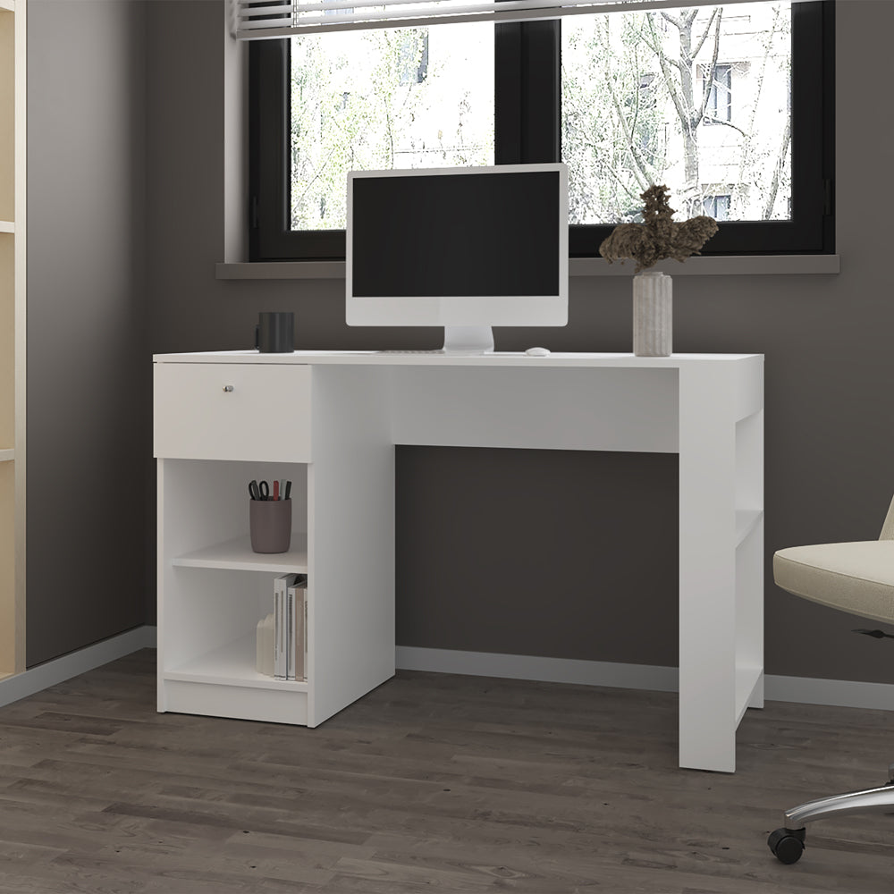 English Elm Menlo White Engineered Wood Desk with Drawer & Open Shelves for Small Spaces, Modern Office B092P254747