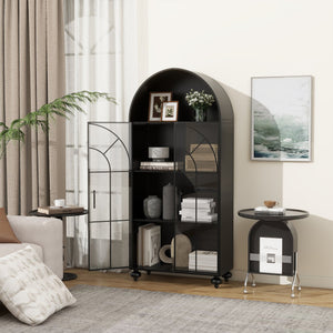 English Elm Modern Arched Storage Cabinet Antique Black Steel & Tempered Glass Doors Industrial Farmhouse Display W3122P272652
