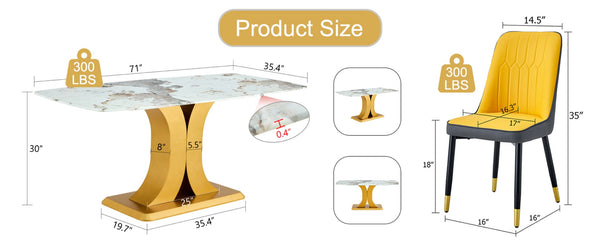 English Elm Table Set: Luxurious 71" Pandora Patterned Glass Dining Table With Golden Legs & 8 Chic Pu Chairs W1151S03245-GIGA