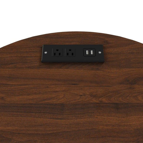 English Elm Mid Century Walnut Round End Table with Charging Station and Sliding Door Storage W2700P385517