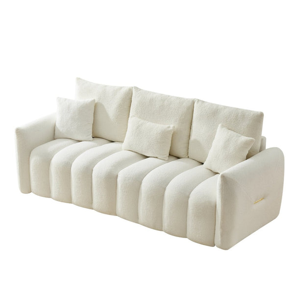 English Elm 78 Inch Teddy Velvet Three Seat Sofa Solid Wood Frame Plush Cushions for Living Room Off White W2564S00127