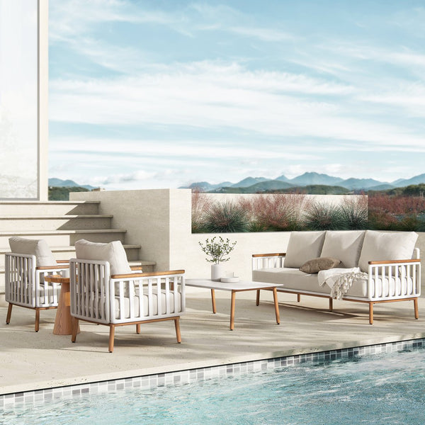 English Elm Jennifer Taylor Home - Calarono Teak & Aluminum Patio Accent Arm Chair Set of 2 — Sand Dune Chenille Cushions, UV‑Resistant Comfort, Rust‑Proof Frame (32x30x30) B2719P320844