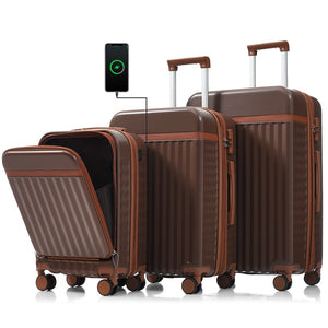 English Elm Luggage 3 Piece Abs Hard Shell Set with Usb Port Front Access and Spinner Wheels Brown N726P307555B