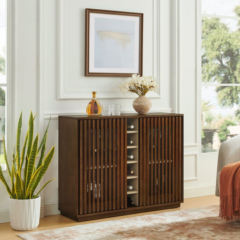 English Elm Mid Century Fluted Buffet Sideboard with Integrated Wine Rack and Glass Holder Storage Walnut W1801P454196