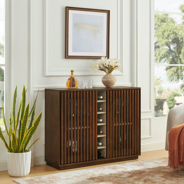 English Elm Mid Century Fluted Buffet Sideboard with Integrated Wine Rack and Glass Holder Storage Walnut W1801P454196