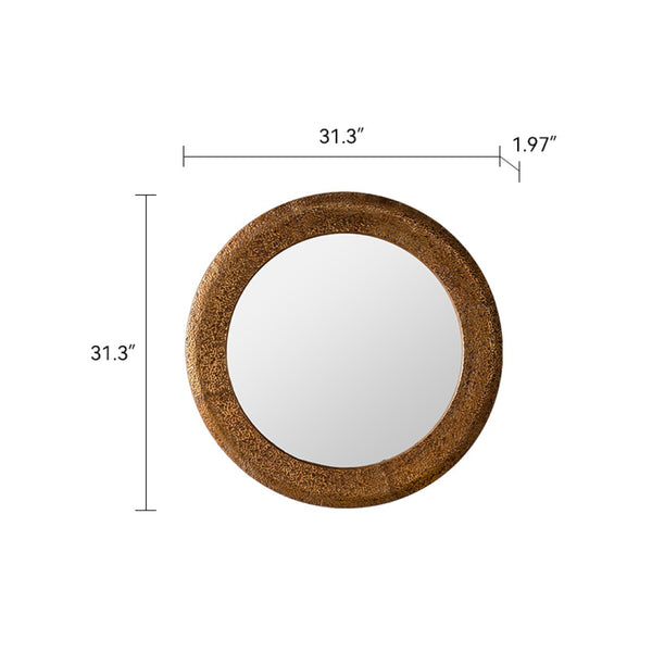English Elm 31.3" Gold Iron Round Mirror Ribbed Texture Rivets Bohemian Accent for Bedroom W3158P407138