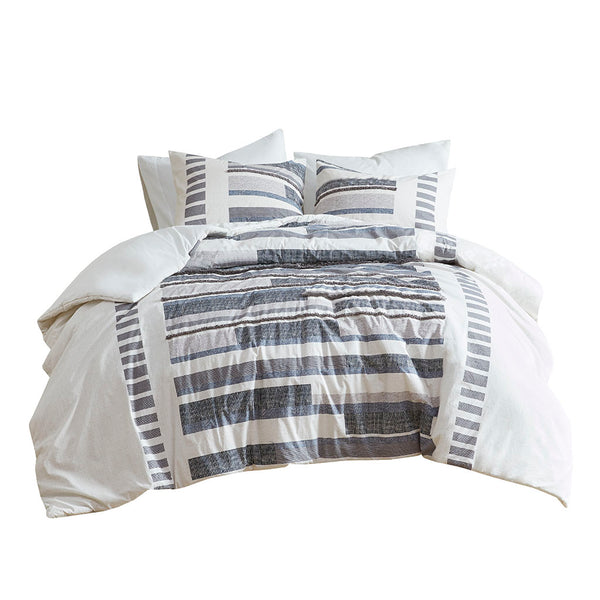 JLA Home INK+IVY - 3 Cotton Percale Duvet Cover Set with Navy Gray Print, Chenille & Fringe Trims, Antimicrobial Finish 88 L x 92 W x 0.13H II12-1216