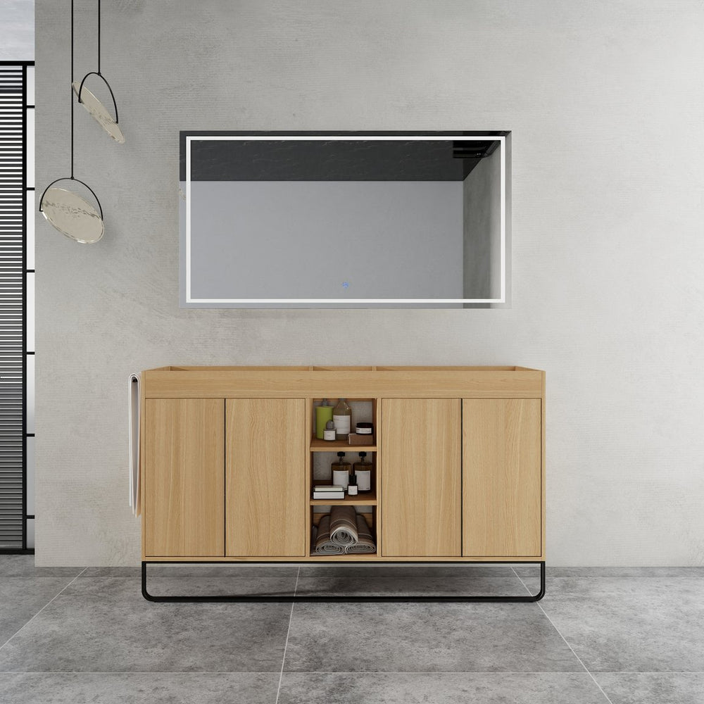 English Elm 60" Modern Freestanding Bathroom Vanity with 4 Soft-Close Doors, 3 Open Shelves, Towel Hanger, 8 Boxes W999P376886