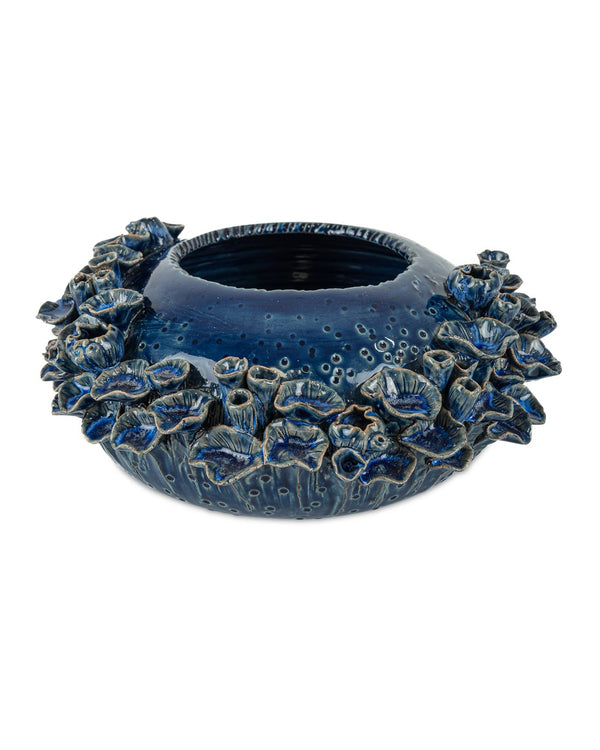 Currey & Company Sunken Blue Bowl: Exquisite Dark Clay Ceramic Artistry With Unique Sea Life Designs & Glaze Depth Blue Ceramic 1200-1047-currey-company