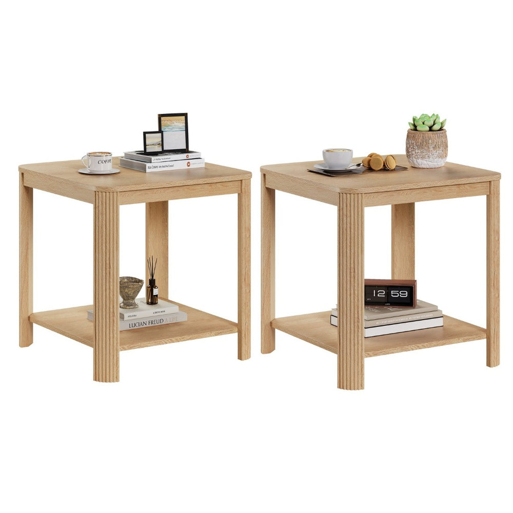 English Elm Rounded Square End Tables Set of 2 Boho Walnut with Wave Legs and Open Shelf W5563P449959