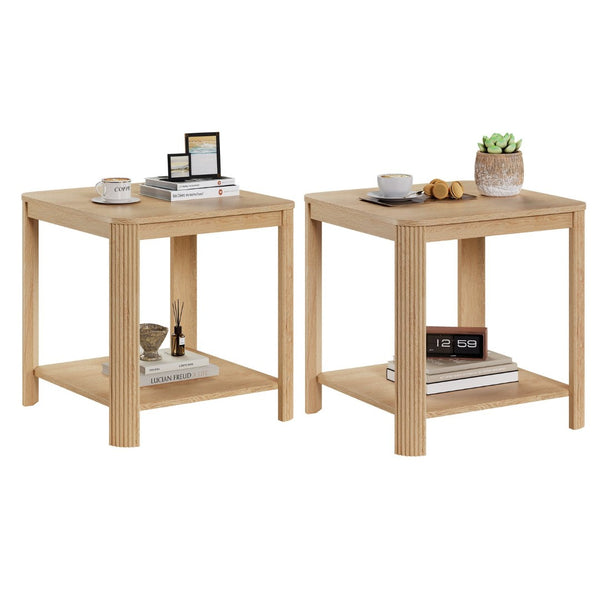 English Elm Rounded Square End Tables Set of 2 Boho Walnut with Wave Legs and Open Shelf W5563P449959