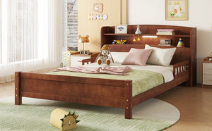 English Elm Full Pine Wood Bed with Bookcase Headboard, LED Motion Sensor, Guardrails & Ample Walnut Storage W504P281004