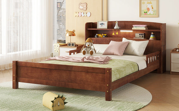 English Elm Full Pine Wood Bed with Bookcase Headboard, LED Motion Sensor, Guardrails & Ample Walnut Storage W504P281004