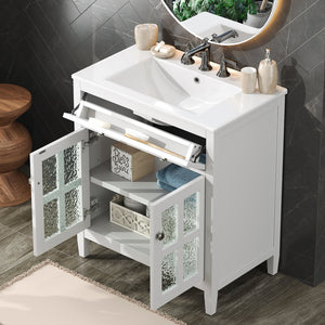 English Elm Christopher Knight Home® - 30" Bathroom Vanity with Ceramic Sink, Solid Wood Legs, Adjustable Shelf, Tip-Out Tray, Soft-Close Hinges, Silver Knobs, Moisture-Resistant Finish White N817P286250W
