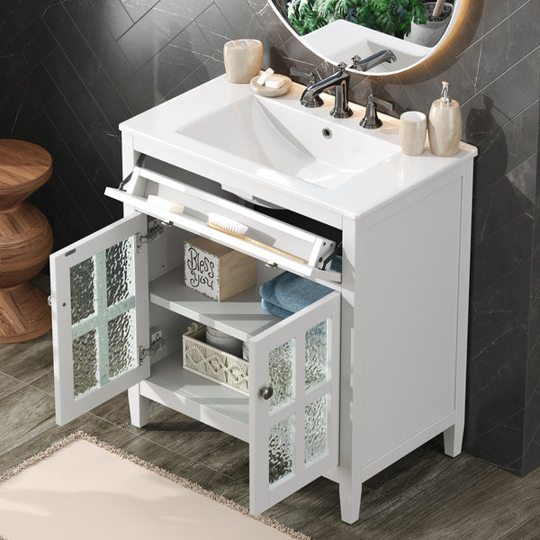 English Elm Christopher Knight Home® - 30" Bathroom Vanity with Ceramic Sink, Solid Wood Legs, Adjustable Shelf, Tip-Out Tray, Soft-Close Hinges, Silver Knobs, Moisture-Resistant Finish White N817P286250W