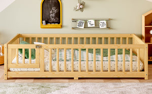 English Elm Full Floor Bed with Safety Guardrails and Play Door for Kids, Low Profile Pine Frame, 550lb Capacity Natural W1580P338952