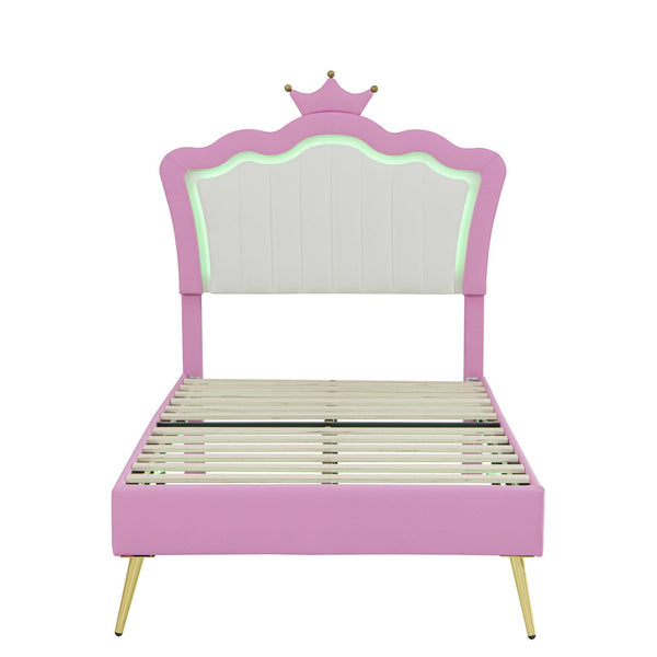 English Elm Twin Size Upholstered Bed Frame With Crown Headboard & Led Lights - Modern Pink & White Princess Style W2770P190377-GIGA