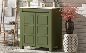 English Elm 30'' 30'' Farmhouse Bathroom Vanity Olive Green with Ceramic Sink, Adjustable Shelves, Soft-Close Doors, Rustic Wood Frame N729P290712F