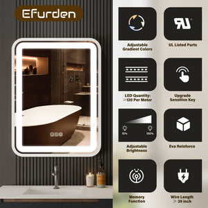 English Elm Bathroom LED Vanity Mirror 36x28 with Anti-Fog, Dimmable 3-Color Temp, Memory Function, Silver Frame T3177P284024
