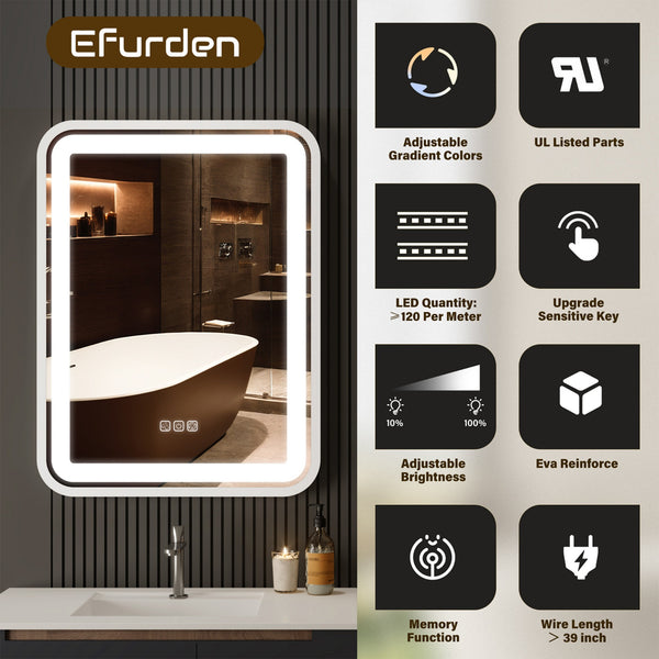 English Elm Bathroom LED Vanity Mirror 36x28 with Anti-Fog, Dimmable 3-Color Temp, Memory Function, Silver Frame T3177P284024