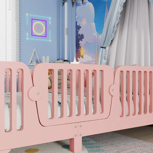 English Elm Twin Montessori Floor Bed with Safety Rails Hinged Door and Plywood Slats for Kids Pink W2593P381410