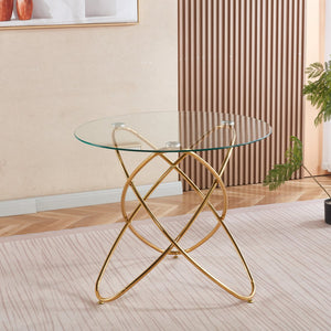 English Elm Dining Table with tempered glass top and sleek metal legs, modern space-saving design for small spaces Golden W234P329699