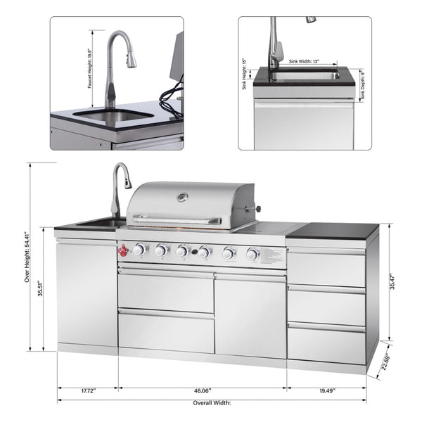 English Elm Outdoor Kitchen Island Grill Station 304 Steel 71500 Btu Propane with Sink W5007S00005