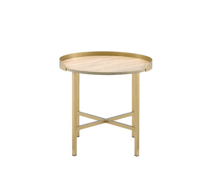 English Elm Mithea Oak Top End Table with Gold Metal Base — Round Tray Design, 0.75" Thick MDF, Stylish Accent B2726P270972