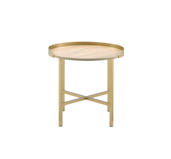 English Elm Mithea Oak Top End Table with Gold Metal Base — Round Tray Design, 0.75" Thick MDF, Stylish Accent B2726P270972