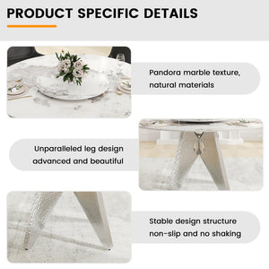 English Elm 59.05" Round Marble Dining Table - Elegant Silver Base, Durable White Sintered Stone, Seats 6-8 W1535S00464