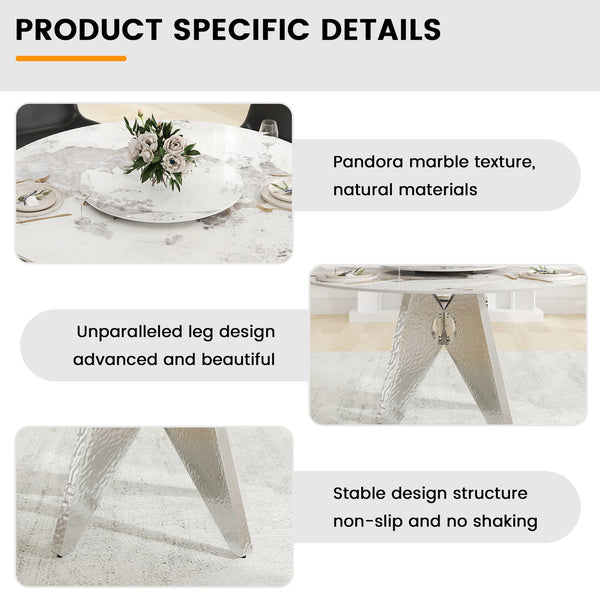 English Elm 59.05" Round Marble Dining Table - Elegant Silver Base, Durable White Sintered Stone, Seats 6-8 W1535S00464