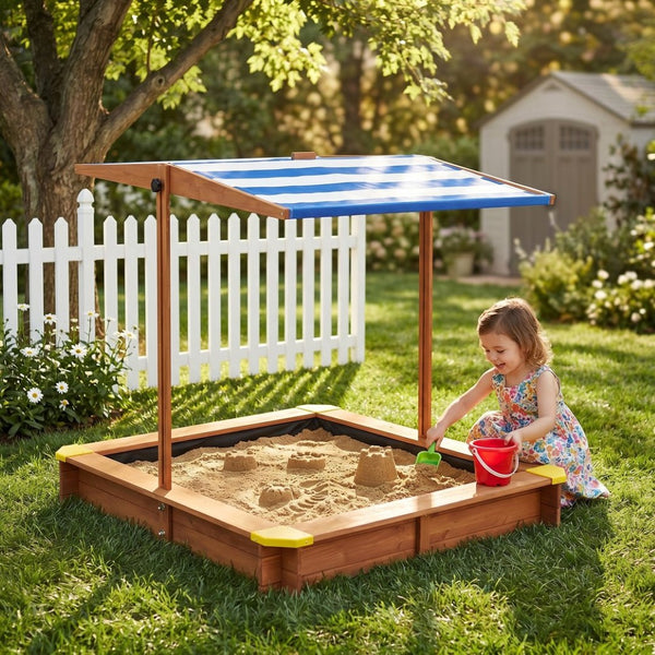 English Elm Kids Cedar Sandbox with Adjustable Canopy Corner Seating Outdoor Backyard Play D720094431